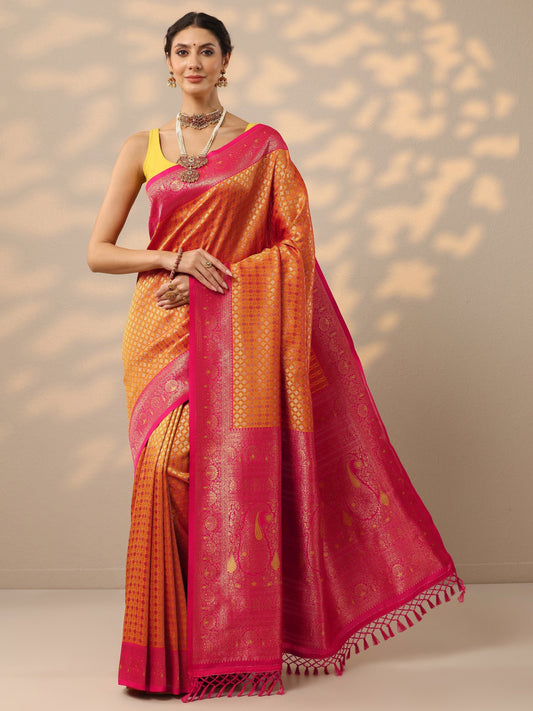 Mustard Woven Design Banarasi Silk Blend Saree With Unstitched Blouse Piece