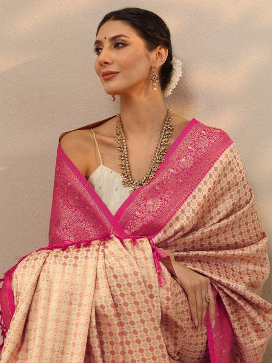 Off White Woven Design Banarasi Silk Blend Saree With Unstitched Blouse Piece