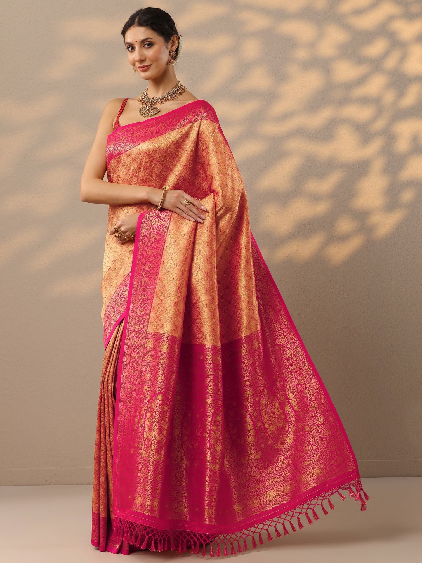 Peach Woven Design Banarasi Silk Blend Saree With Unstitched Blouse Piece