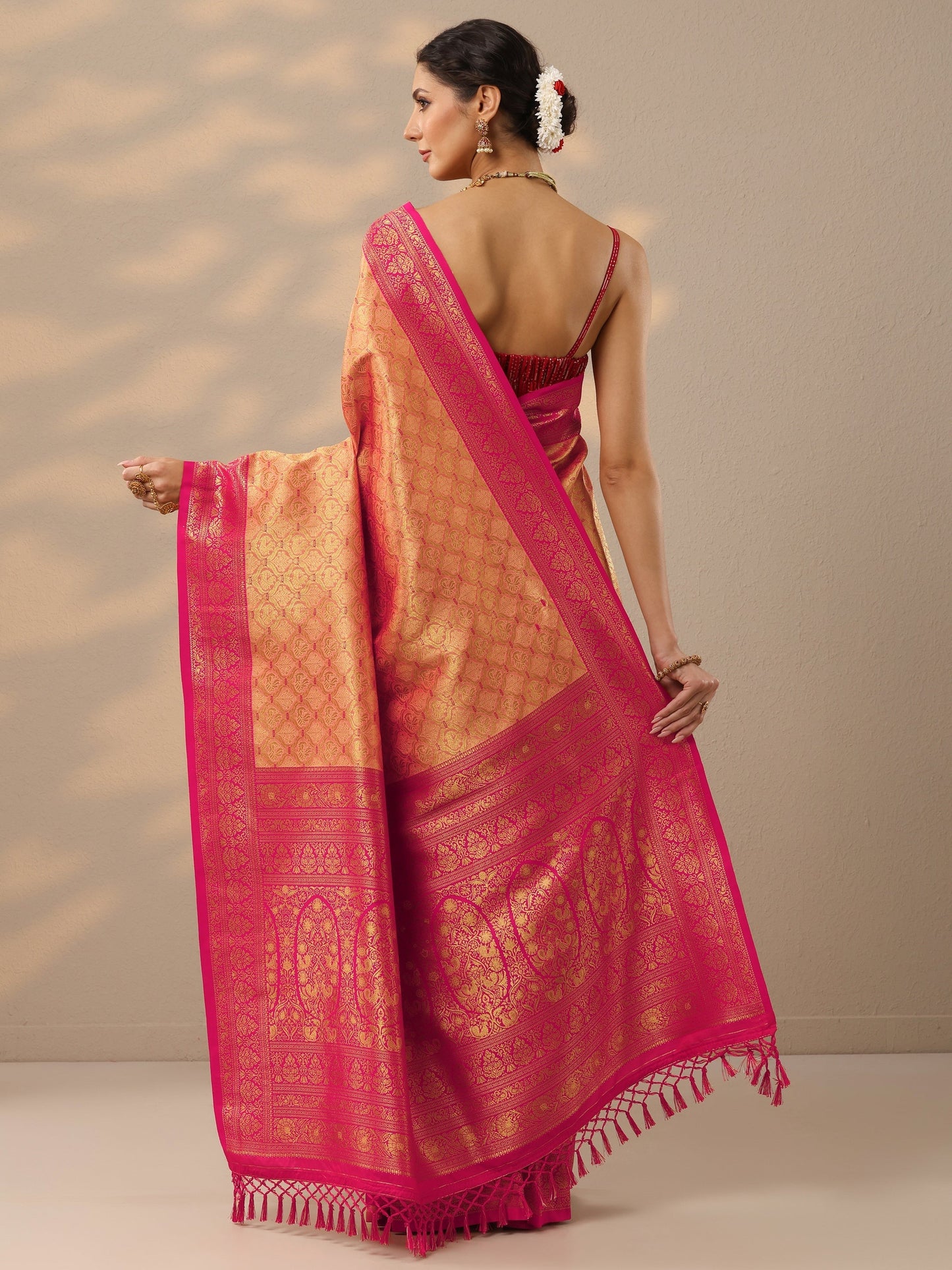 Peach Woven Design Banarasi Silk Blend Saree With Unstitched Blouse Piece