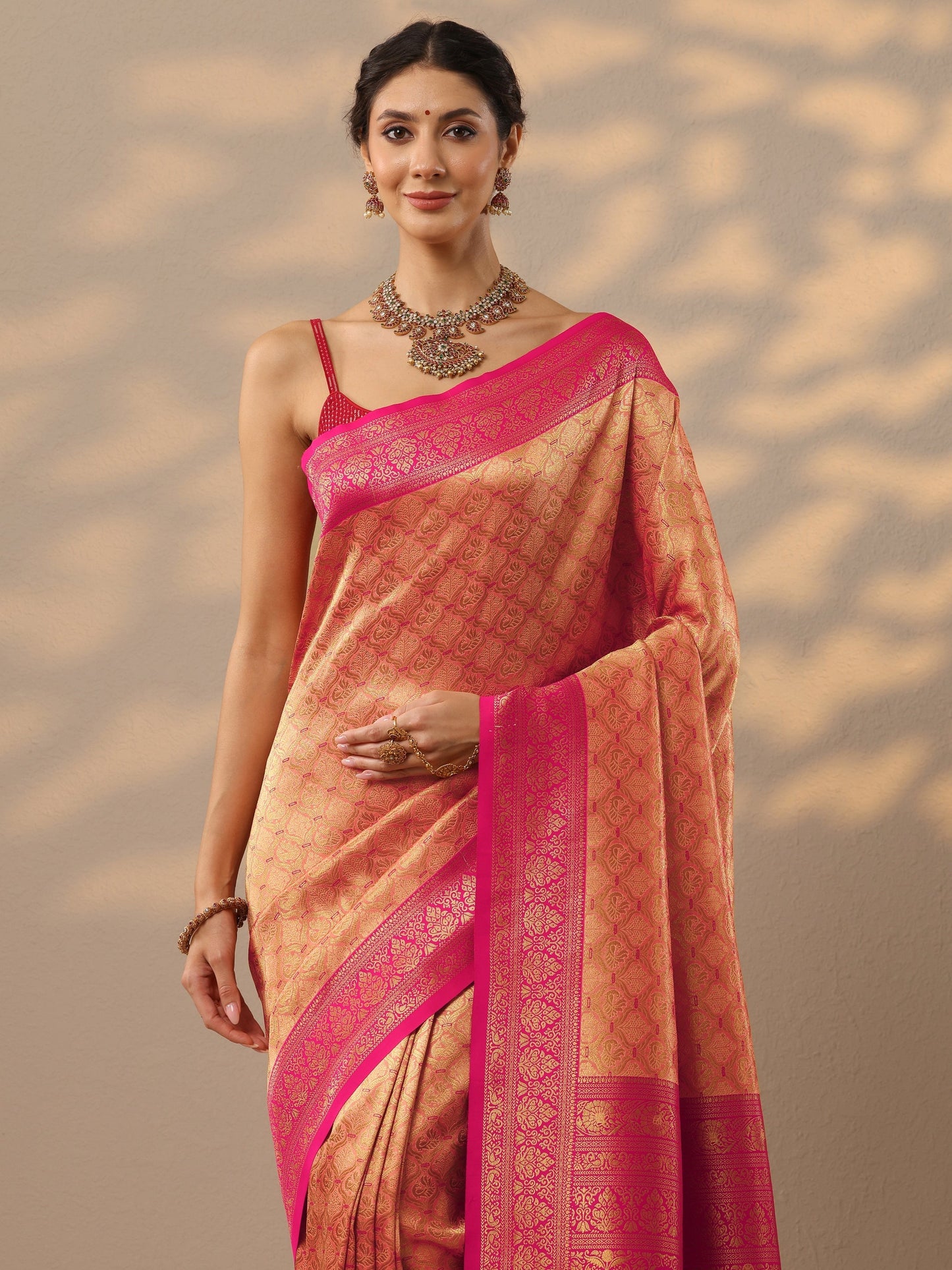 Peach Woven Design Banarasi Silk Blend Saree With Unstitched Blouse Piece