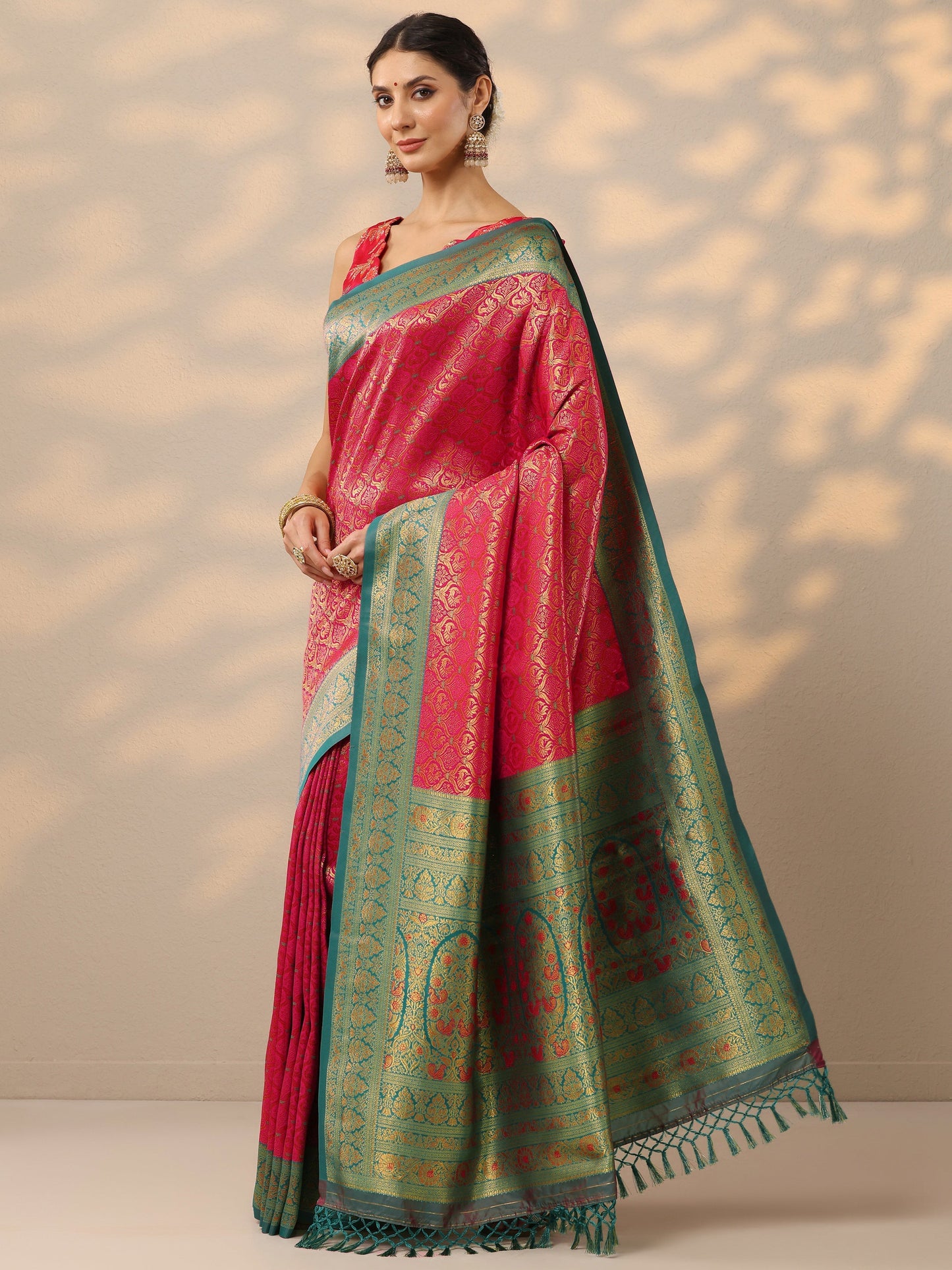 Pink Woven Design Banarasi Silk Blend Saree With Unstitched Blouse Piece