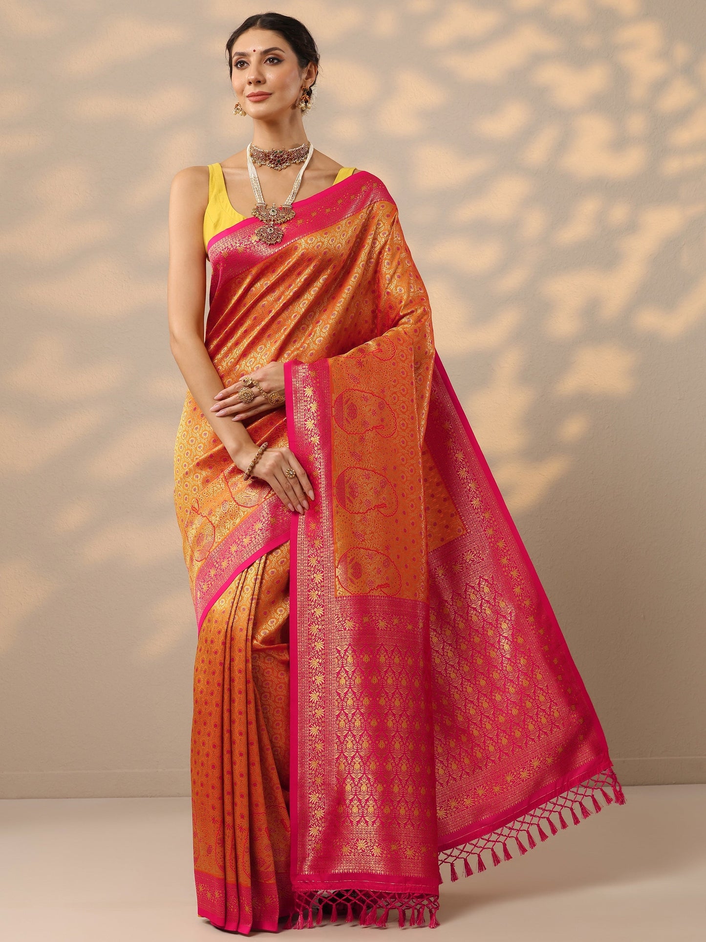 Mustard Woven Design Banarasi Silk Blend Saree With Unstitched Blouse Piece