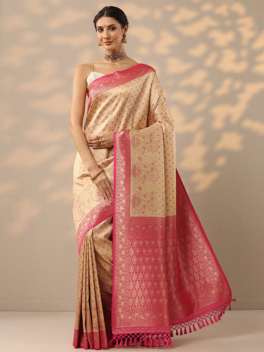 Off White Woven Design Banarasi Silk Blend Saree With Unstitched Blouse Piece