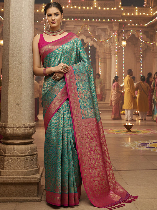 Green Woven Design Banarasi Silk Blend Saree With Unstitched Blouse Piece