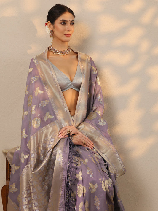Lavender Woven Design Banarasi Silk Blend Saree With Unstitched Blouse Piece
