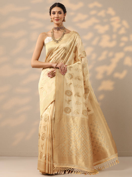 Beige Woven Design Banarasi Silk Blend Saree With Unstitched Blouse Piece