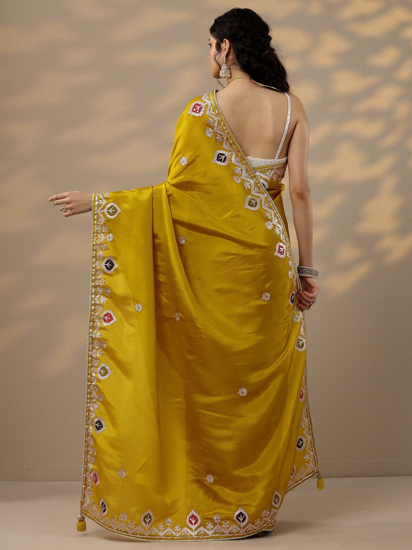 Mustard Embroidered Chinon Saree With Unstitched Blouse Piece