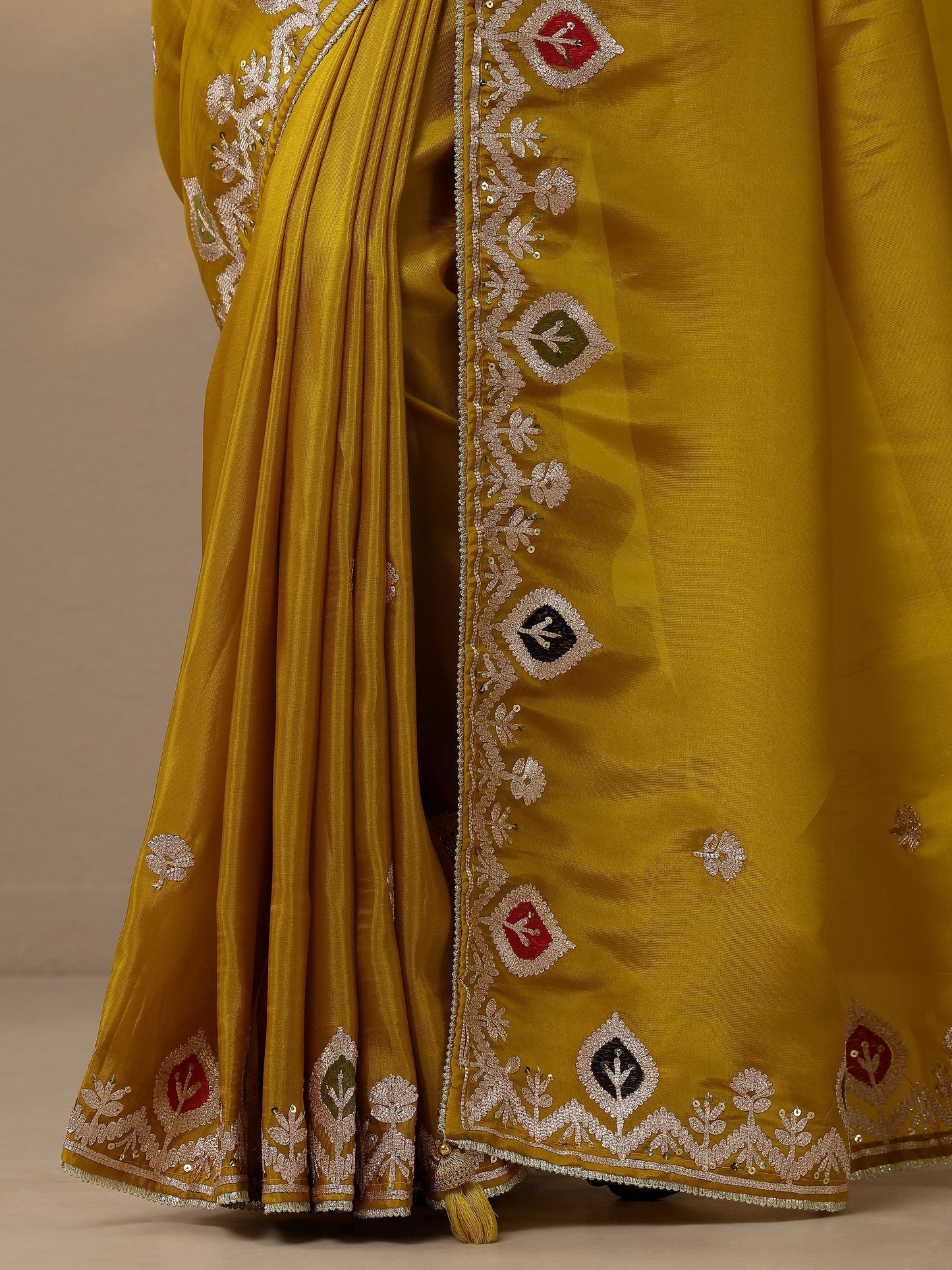 Mustard Embroidered Chinon Saree With Unstitched Blouse Piece