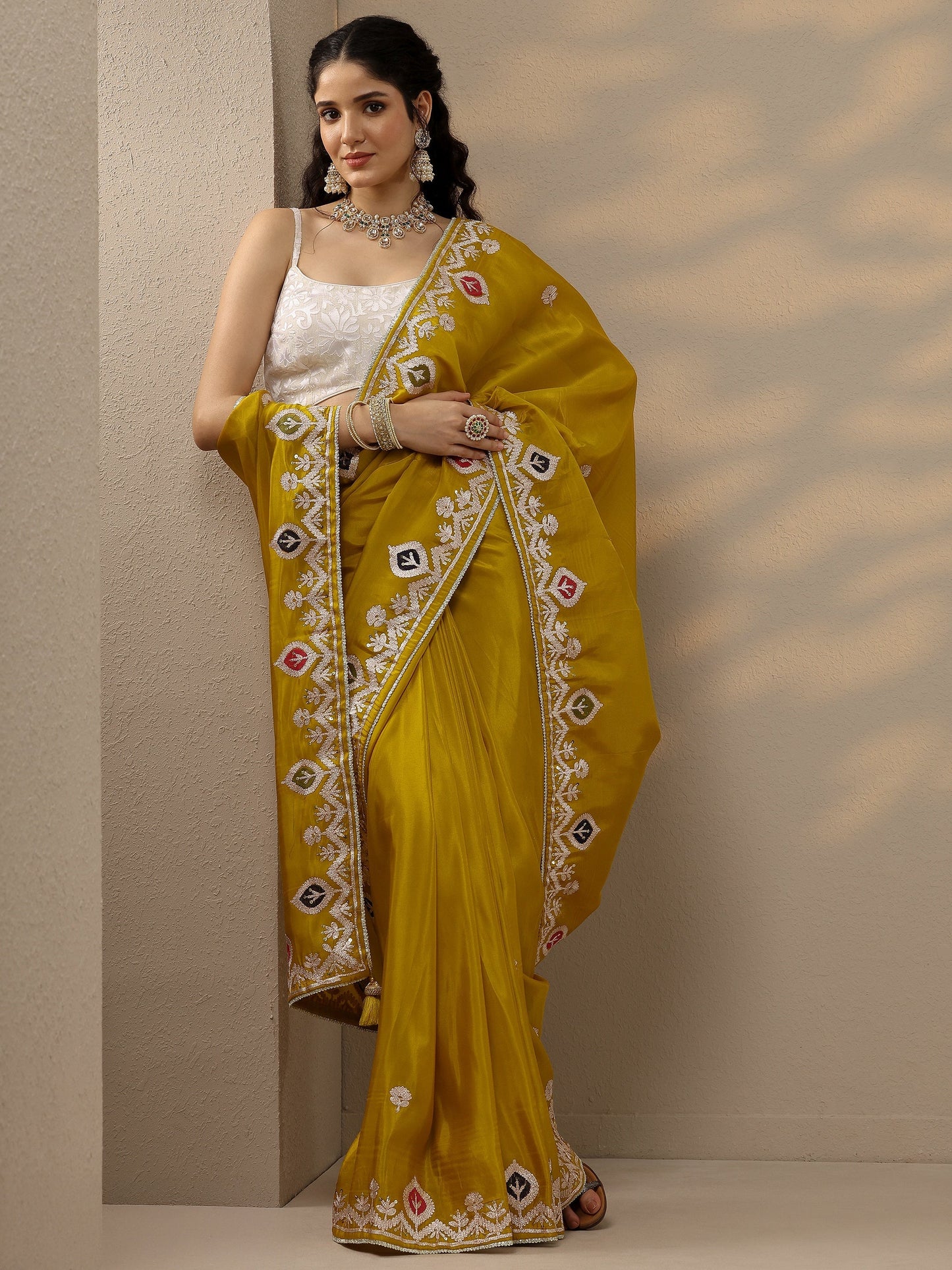 Mustard Embroidered Chinon Saree With Unstitched Blouse Piece