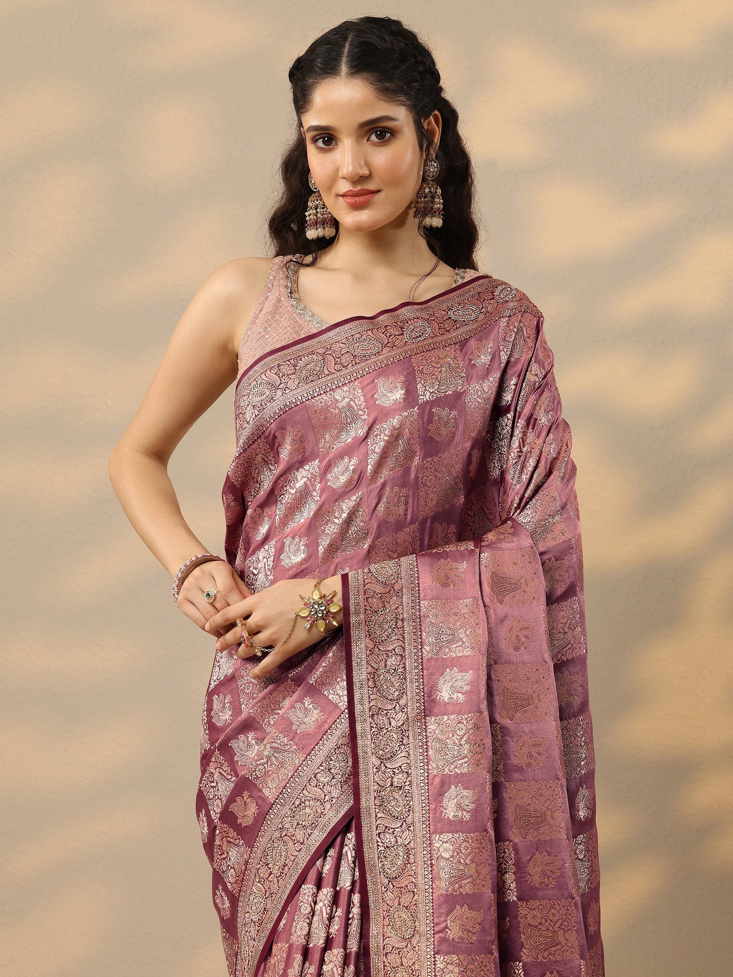 Pink Woven Design Banarasi Silk Blend Saree With Unstitched Blouse Piece