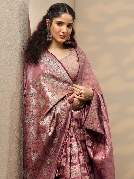 Pink Woven Design Banarasi Silk Blend Saree With Unstitched Blouse Piece