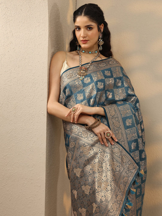 Blue Woven Design Banarasi Silk Blend Saree With Unstitched Blouse Piece