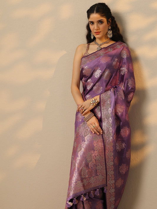 Purple Woven Design Banarasi Silk Blend Saree With Unstitched Blouse Piece