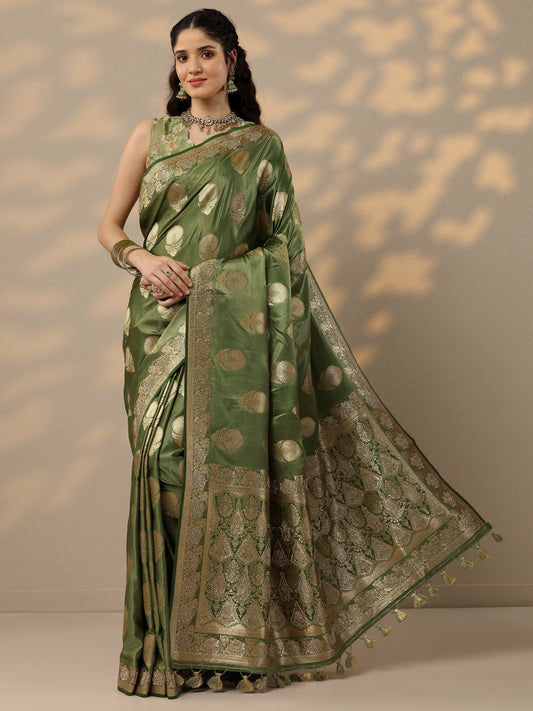 Green Woven Design Banarasi Silk Blend Saree With Unstitched Blouse Piece