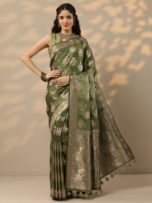 Green Woven Design Banarasi Silk Blend Saree With Unstitched Blouse Piece