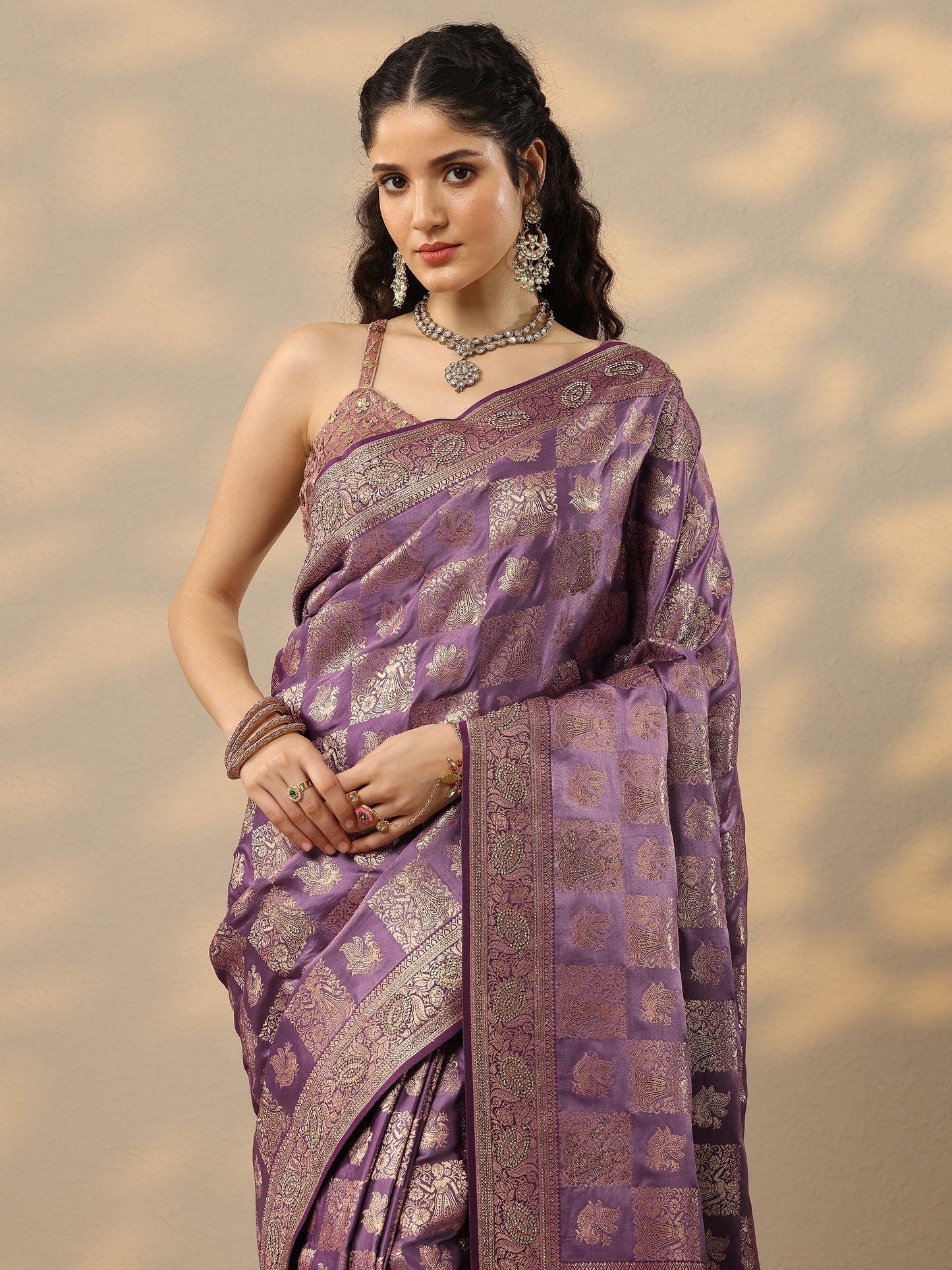 Purple Woven Design Banarasi Silk Blend Saree With Unstitched Blouse Piece