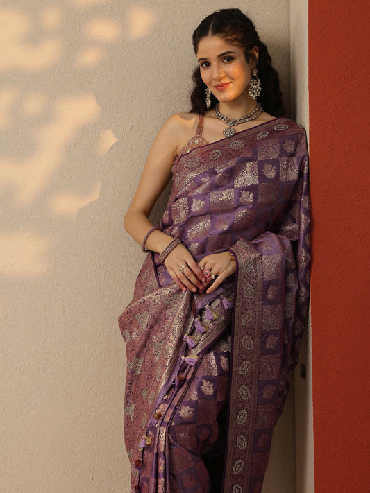Purple Woven Design Banarasi Silk Blend Saree With Unstitched Blouse Piece
