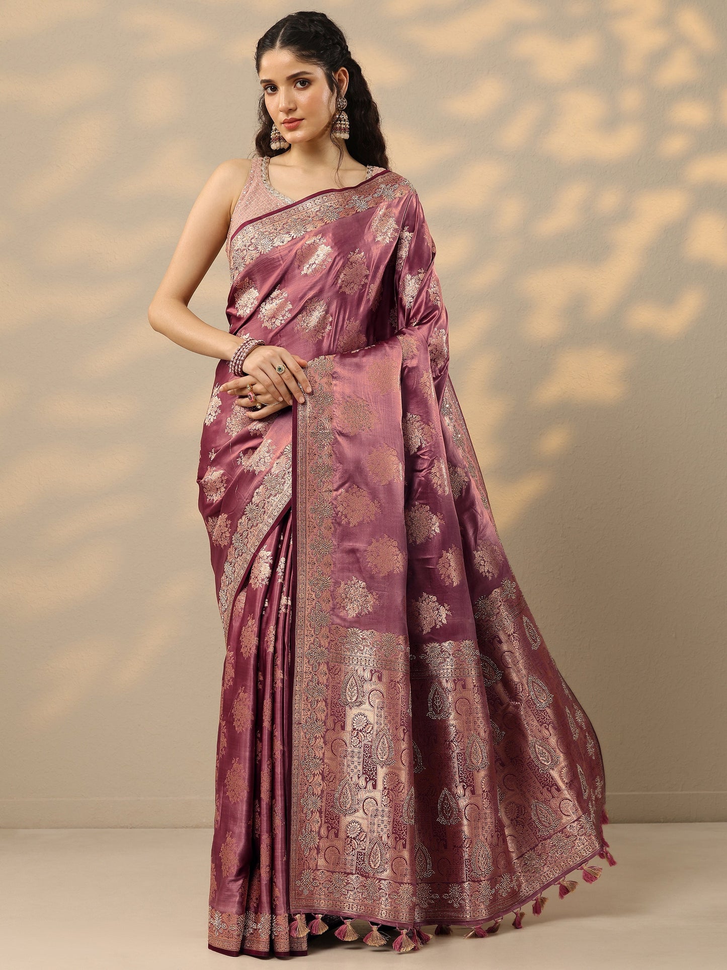 Pink Woven Design Banarasi Silk Blend Saree With Unstitched Blouse Piece