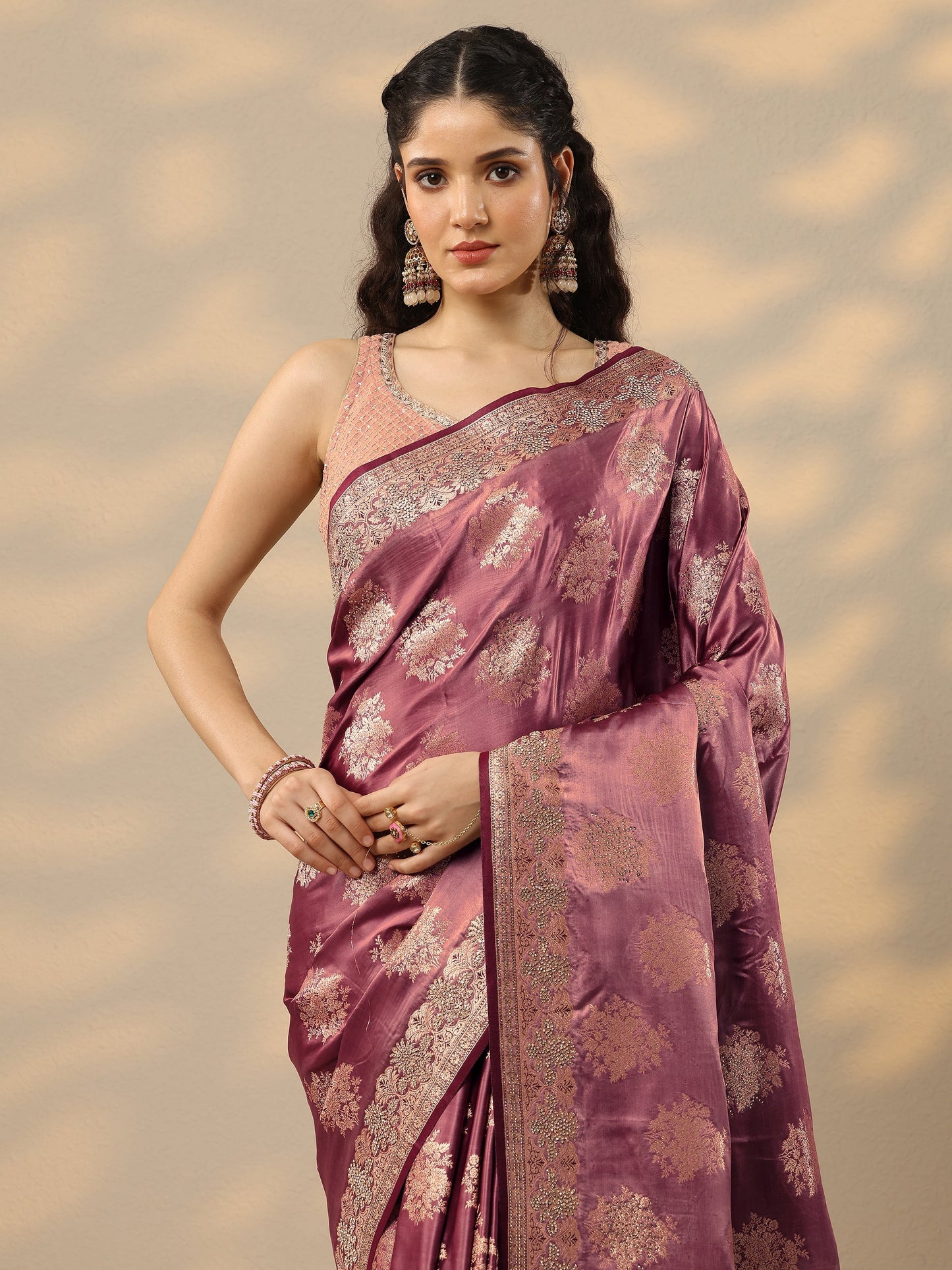 Pink Woven Design Banarasi Silk Blend Saree With Unstitched Blouse Piece