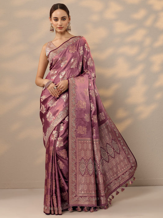 Pink Woven Design Banarasi Silk Blend Saree With Unstitched Blouse Piece