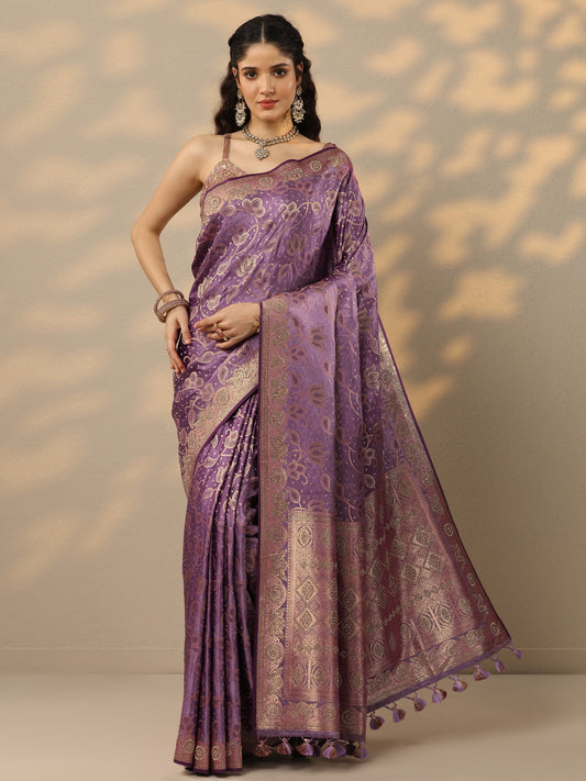 Purple Woven Design Banarasi Silk Blend Saree With Unstitched Blouse Piece