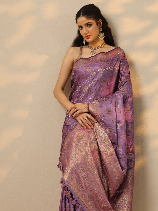 Purple Woven Design Banarasi Silk Blend Saree With Unstitched Blouse Piece