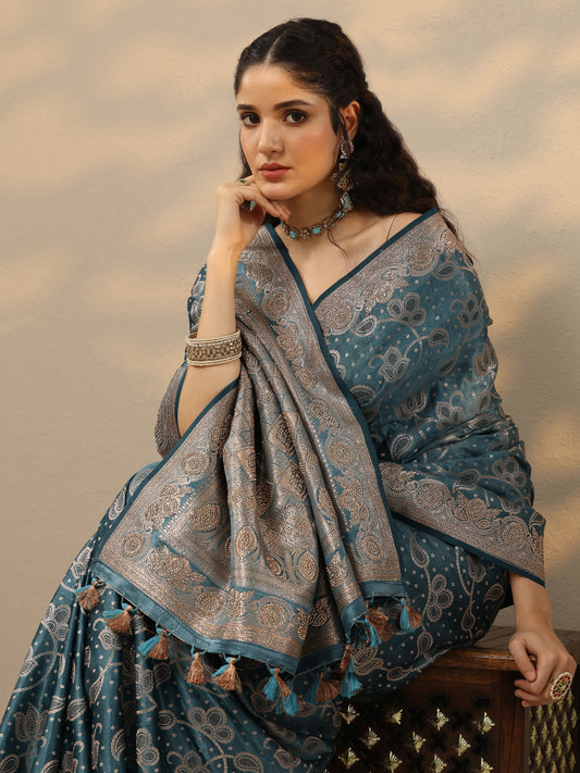 Blue Woven Design Silk Blend Saree With Unstitched Blouse Piece