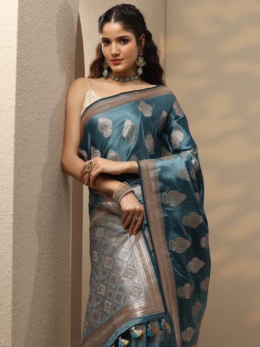 Blue Woven Design Banarasi Silk Blend Saree With Unstitched Blouse Piece