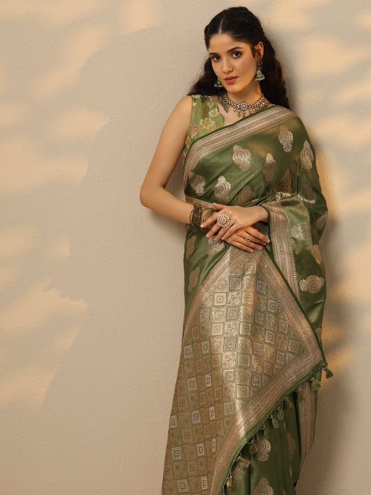 Green Woven Design Banarasi Silk Blend Saree With Unstitched Blouse Piece