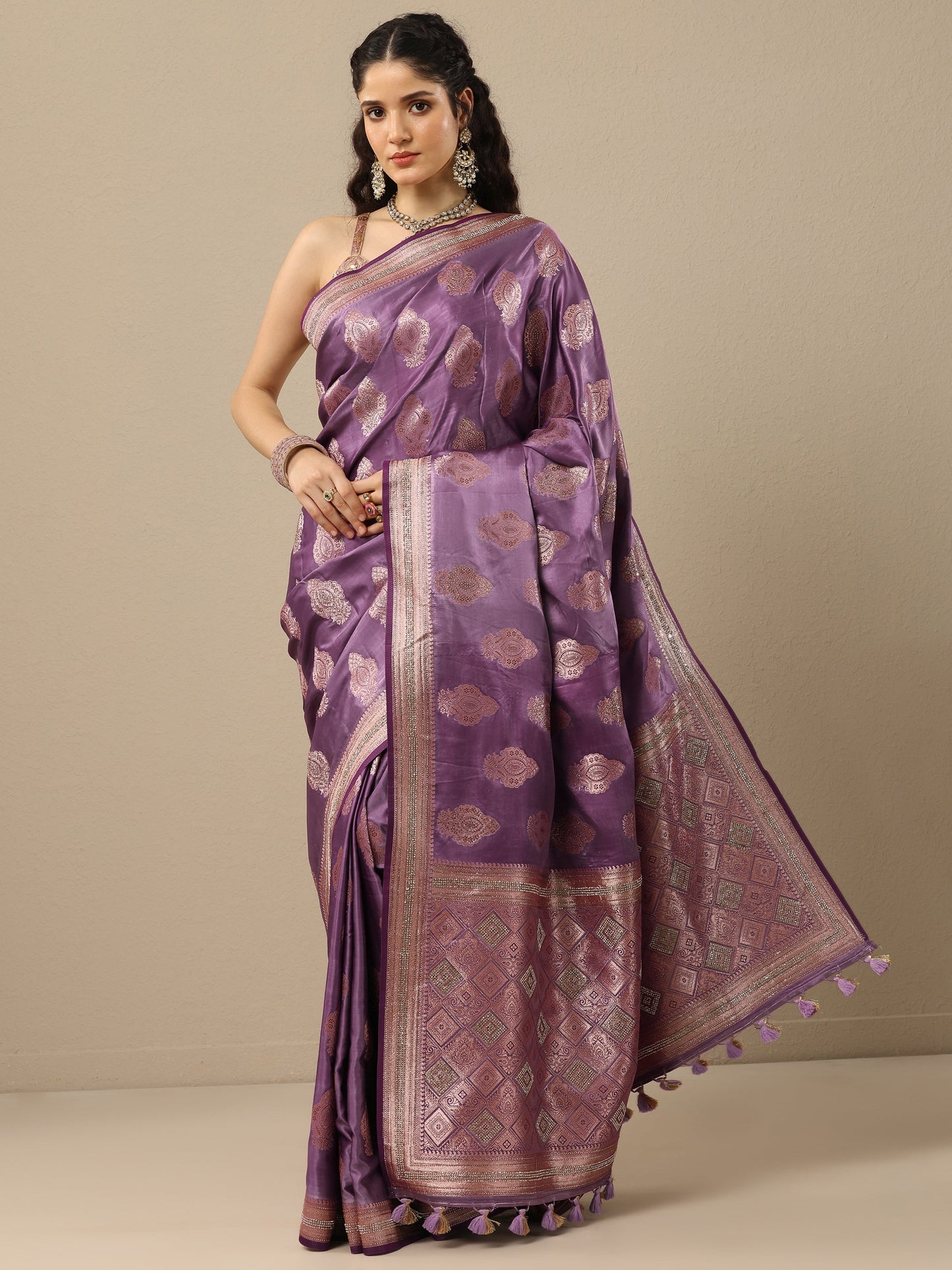 Purple Woven Design Banarasi Silk Blend Saree With Unstitched Blouse Piece