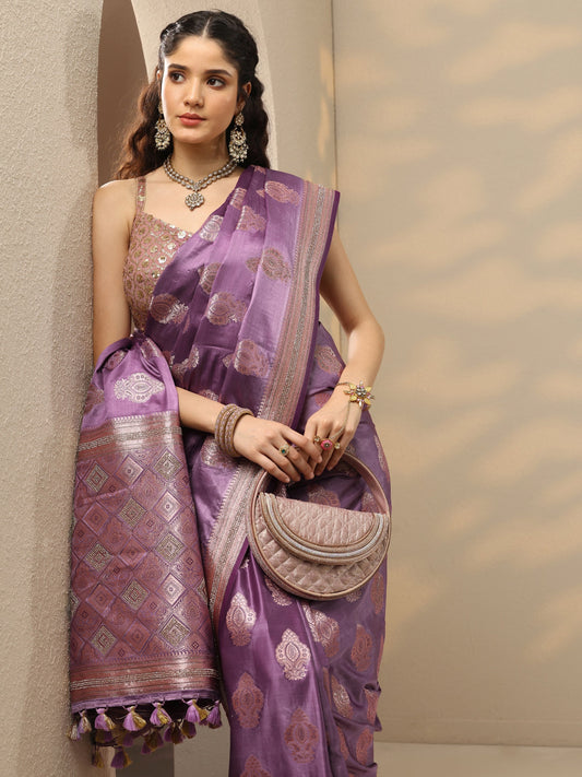 Purple Woven Design Banarasi Silk Blend Saree With Unstitched Blouse Piece