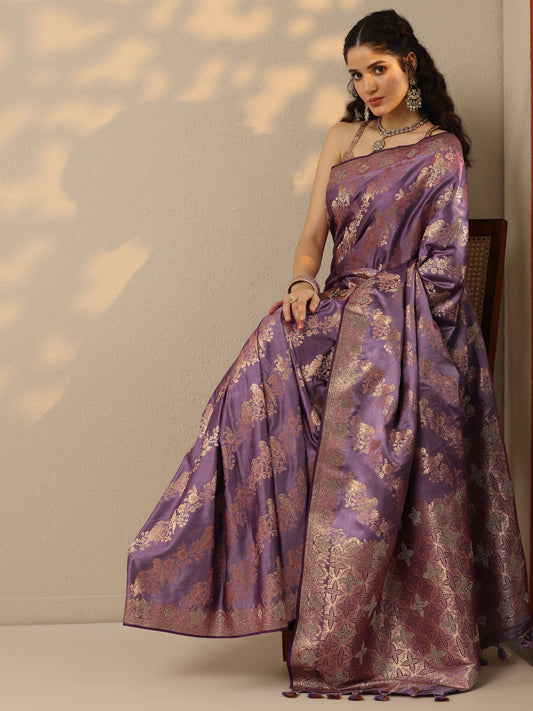 Purple Woven Design Banarasi Silk Blend Saree With Unstitched Blouse Piece
