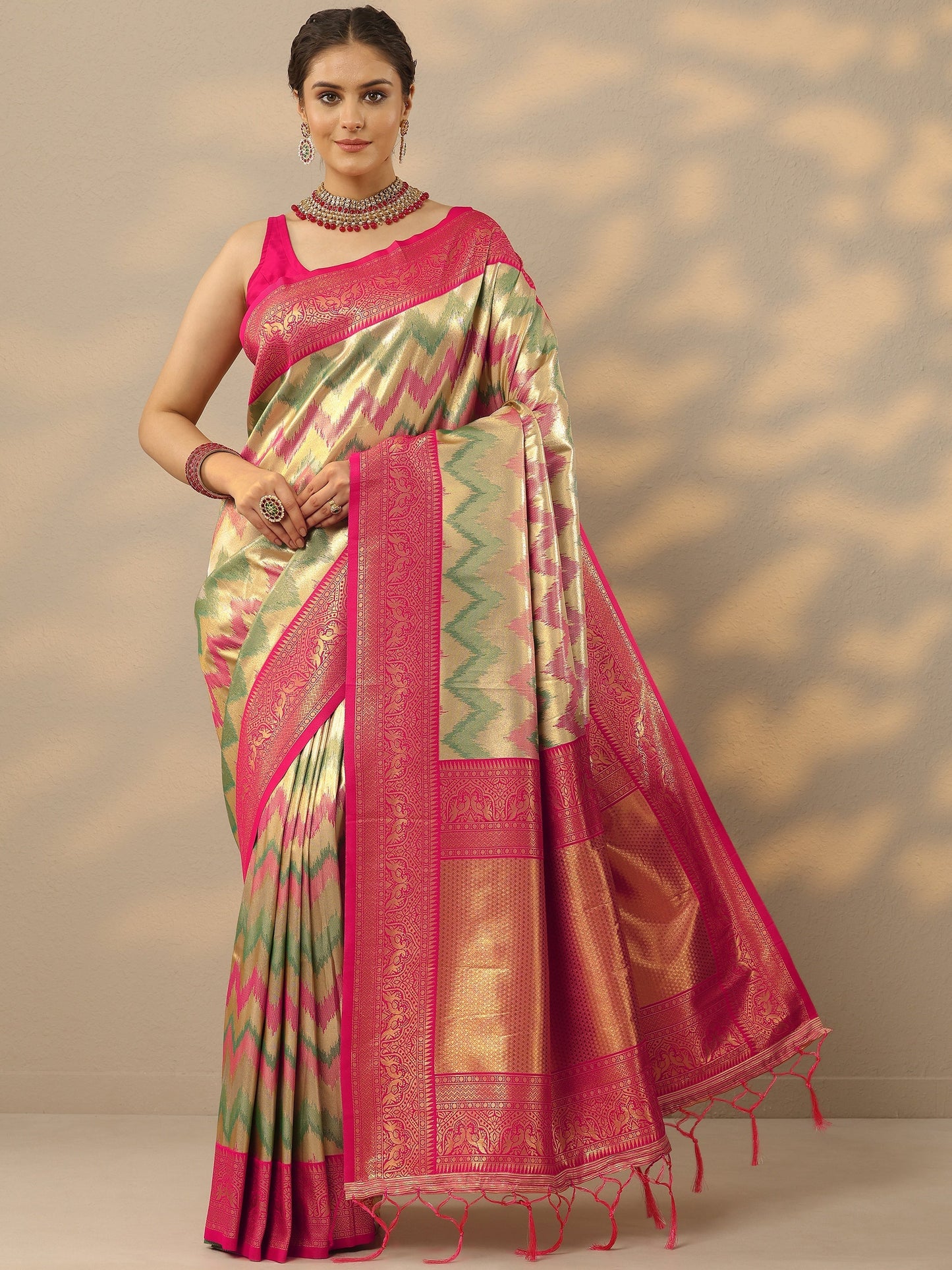 Multi Woven Design Banarasi Silk Blend Saree With Unstitched Blouse Piece
