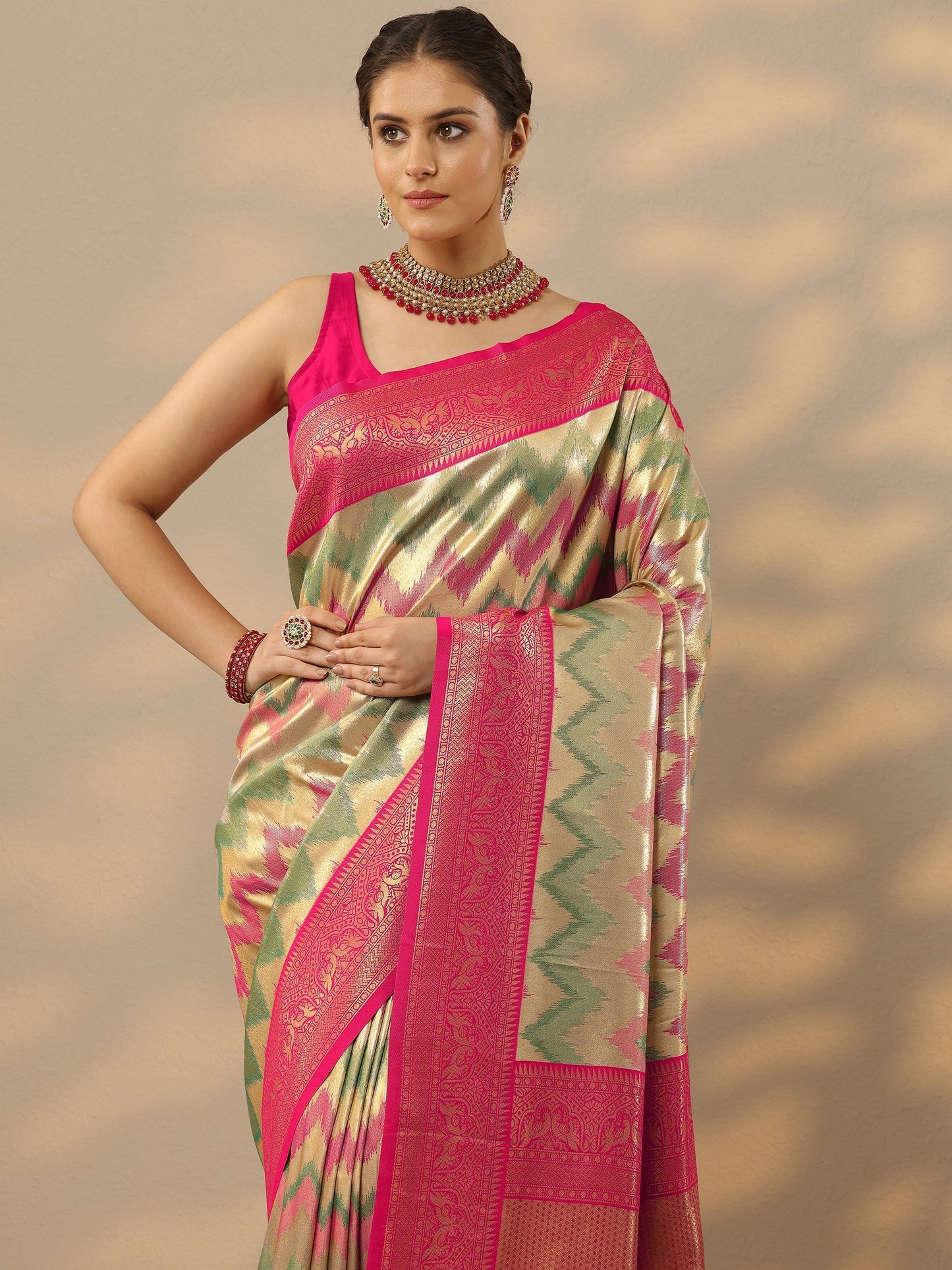 Multi Woven Design Banarasi Silk Blend Saree With Unstitched Blouse Piece