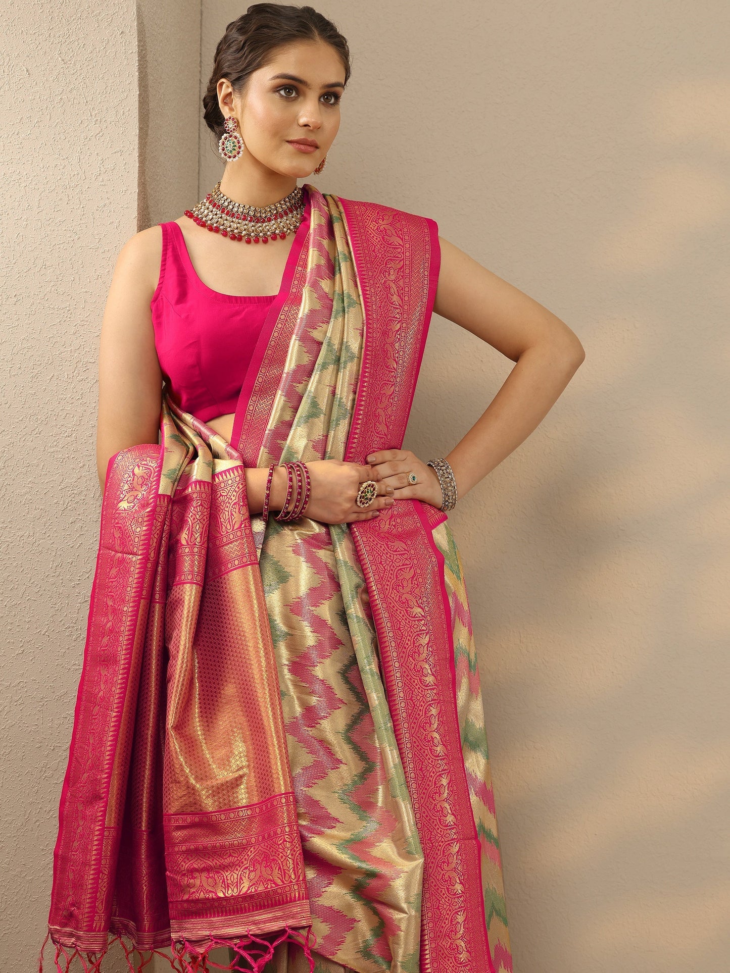 Multi Woven Design Banarasi Silk Blend Saree With Unstitched Blouse Piece