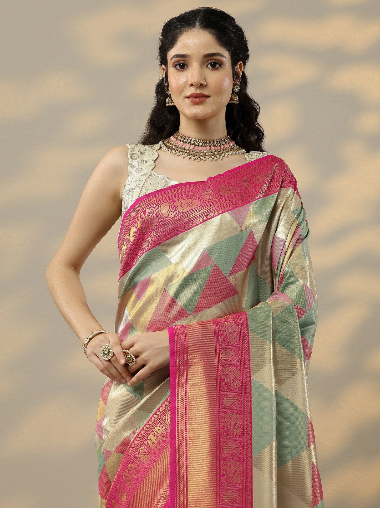 Multi Woven Design Banarasi Silk Blend Saree With Unstitched Blouse Piece