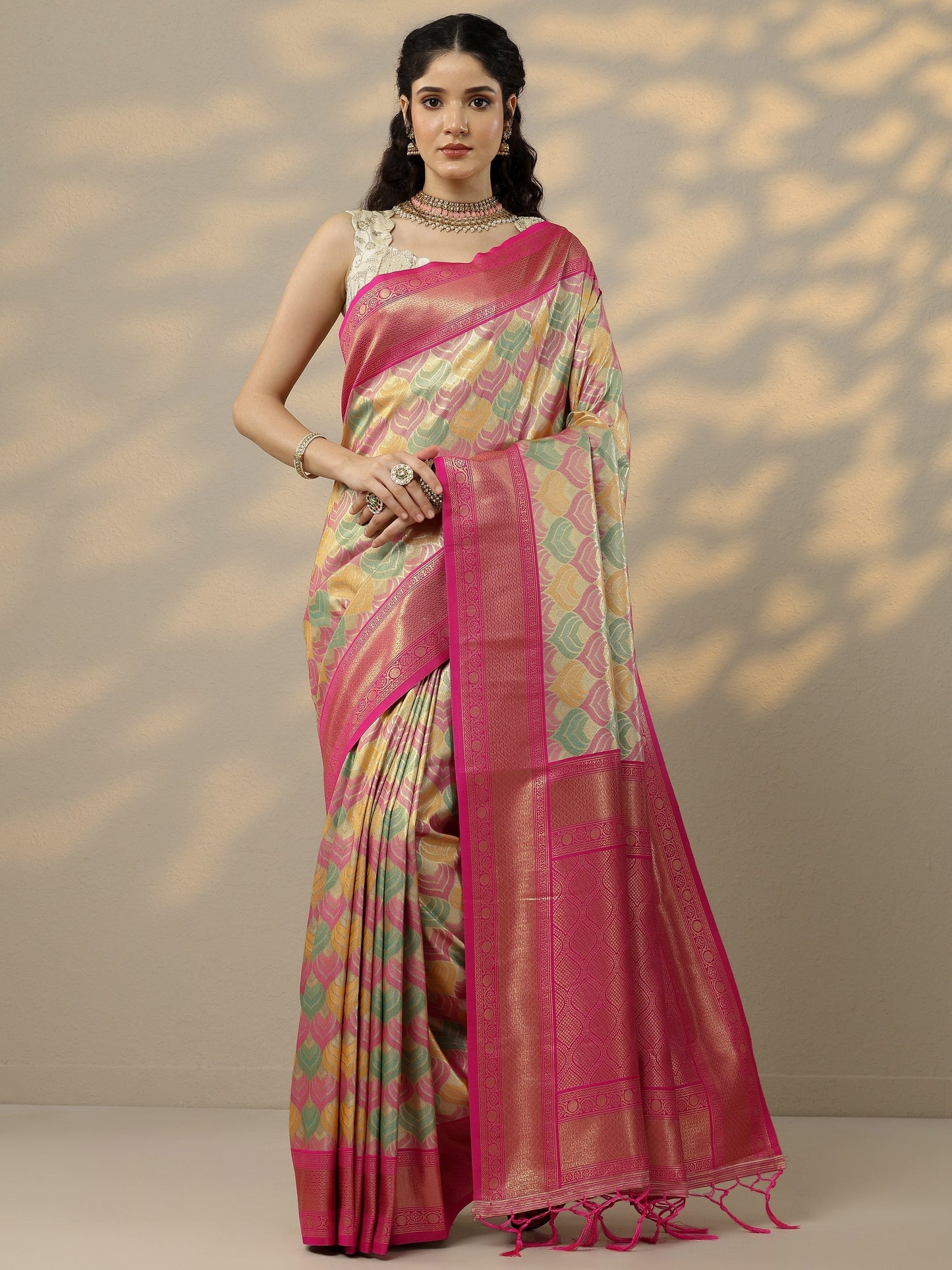 Multi Woven Design Banarasi Silk Blend Saree With Unstitched Blouse Piece