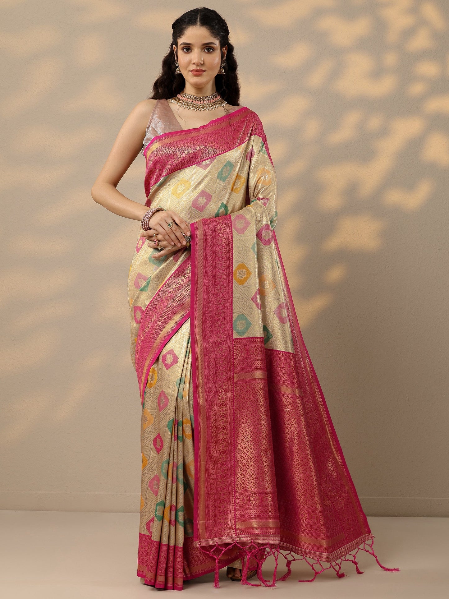 Multi Woven Design Banarasi Silk Blend Saree With Unstitched Blouse Piece