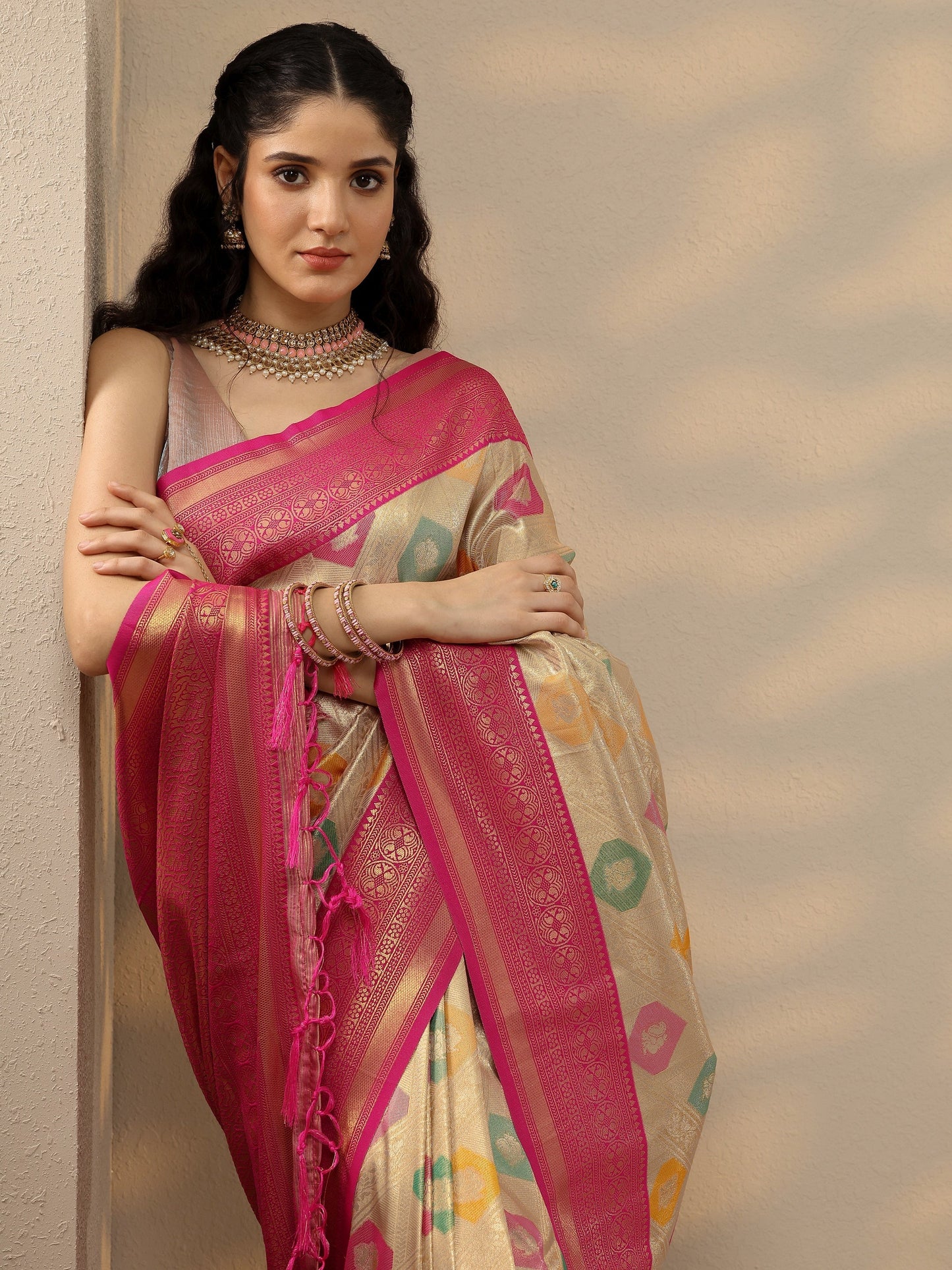 Multi Woven Design Banarasi Silk Blend Saree With Unstitched Blouse Piece
