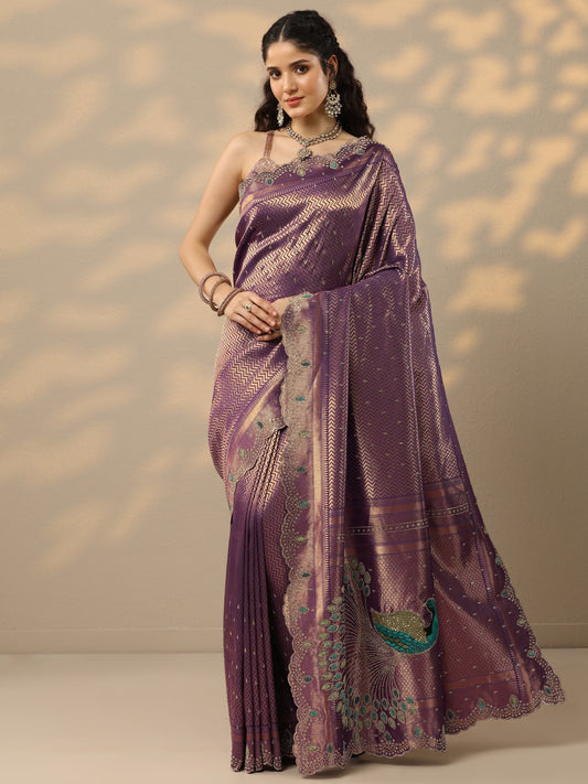 Purple Woven Design Banarasi Silk Blend Saree With Unstitched Blouse Piece
