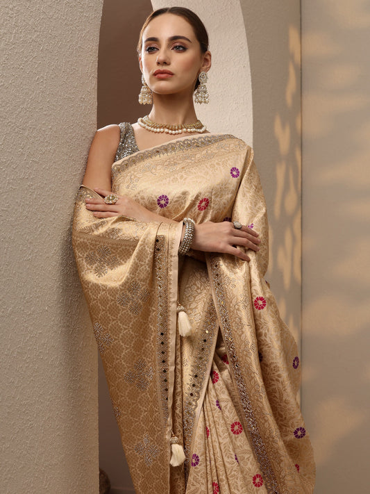 Gold Woven Design Silk Blend Saree With Unstitched Blouse Piece