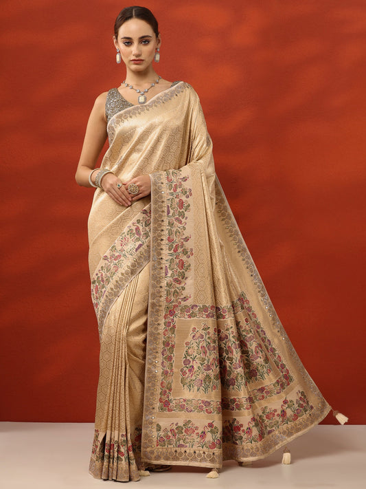 Gold Woven Design Banarasi Silk Blend Saree With Unstitched Blouse Piece