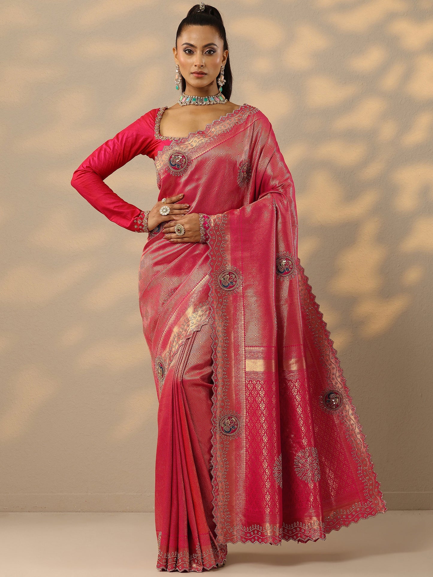 Pink Embellished Banarasi Silk Blend Saree With Unstitched Blouse Piece