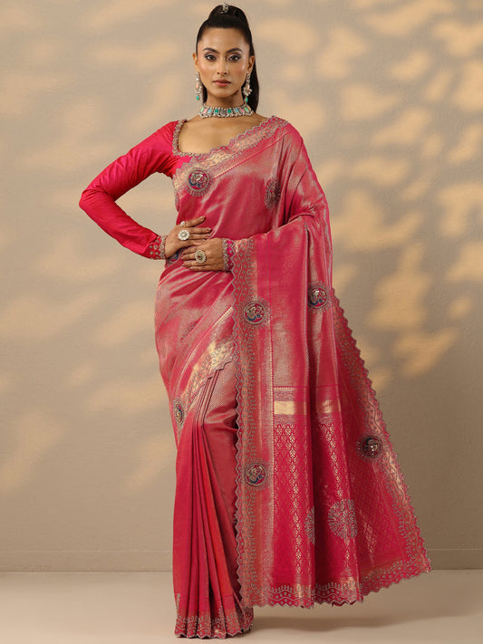 Pink Embellished Banarasi Silk Blend Saree With Unstitched Blouse Piece