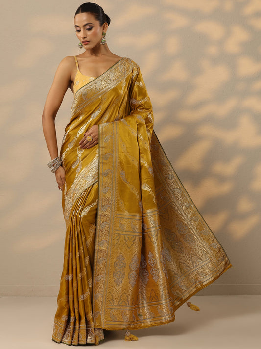 Mustard Embellished Banarasi Silk Blend Saree With Unstitched Blouse Piece