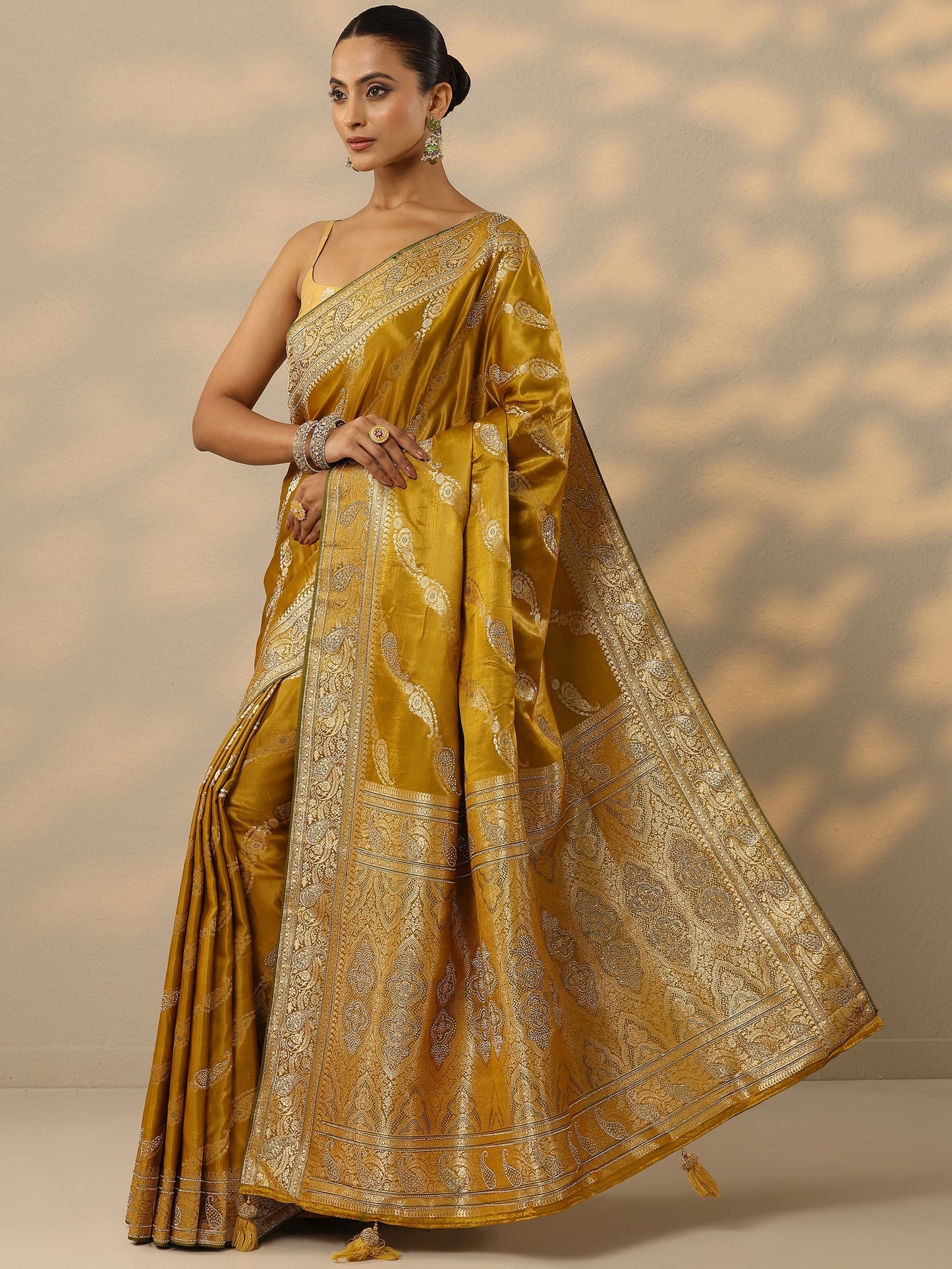 Mustard Embellished Banarasi Silk Blend Saree With Unstitched Blouse Piece