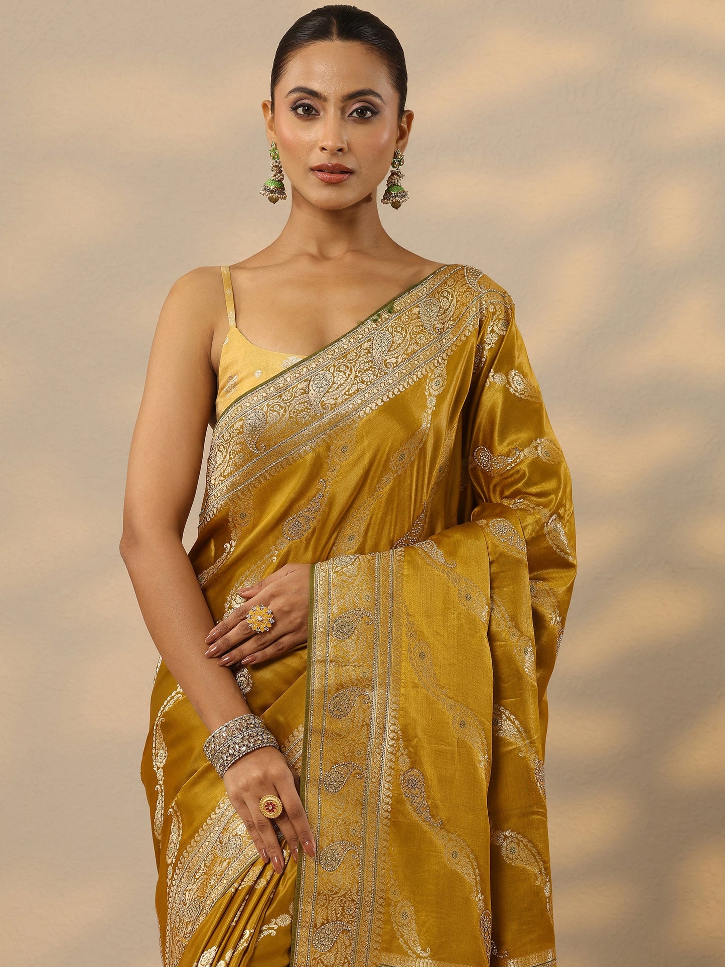 Mustard Embellished Banarasi Silk Blend Saree With Unstitched Blouse Piece