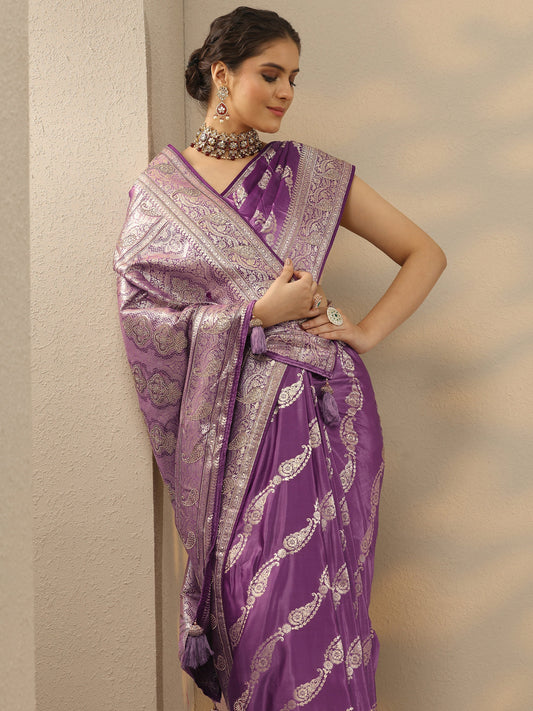 Purple Embellished Banarasi Silk Blend Saree With Unstitched Blouse Piece