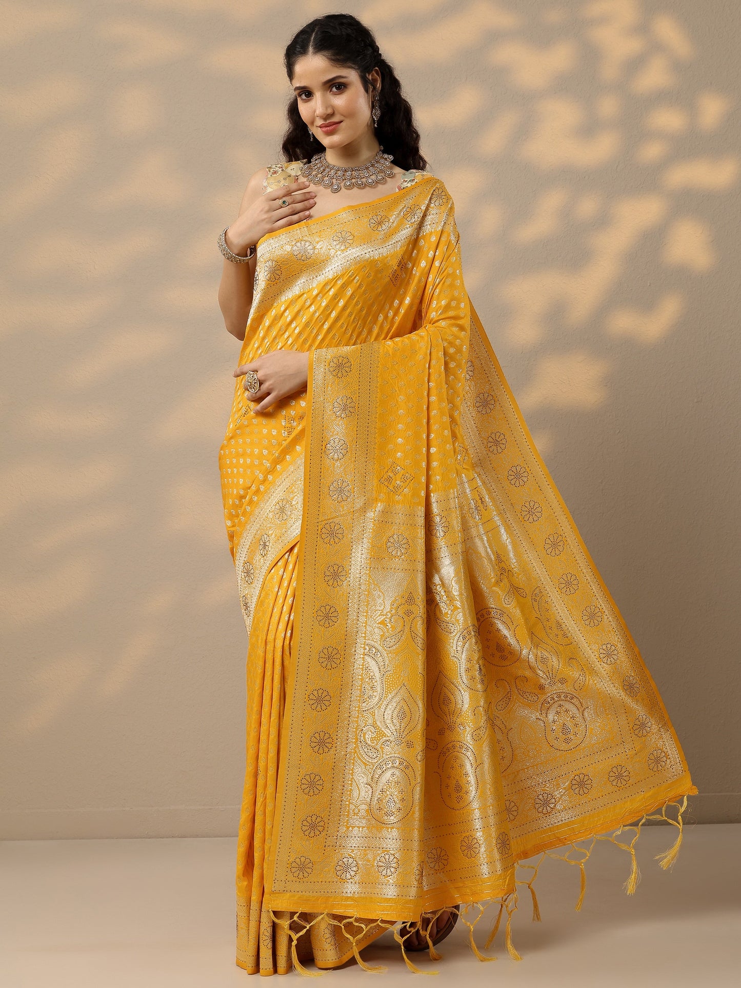 Yellow Woven Design Banarsi Silk Blend Saree With Unstitched Blouse Piece